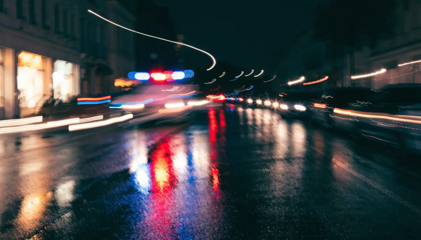 Luces policiacas reflejadas en el pavimento mojado de una avenida — cuando lo choca un conductor ebrio en Lynwood
