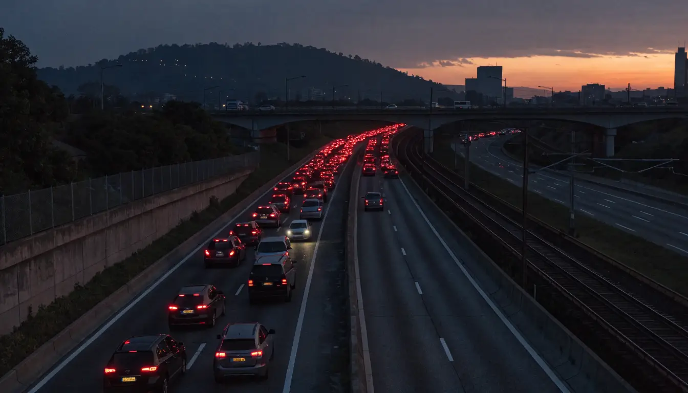 Tráfico frenando en cadena en la 105 al anochecer con el tren elevado al lado — los choques de la autopista en Lynwood