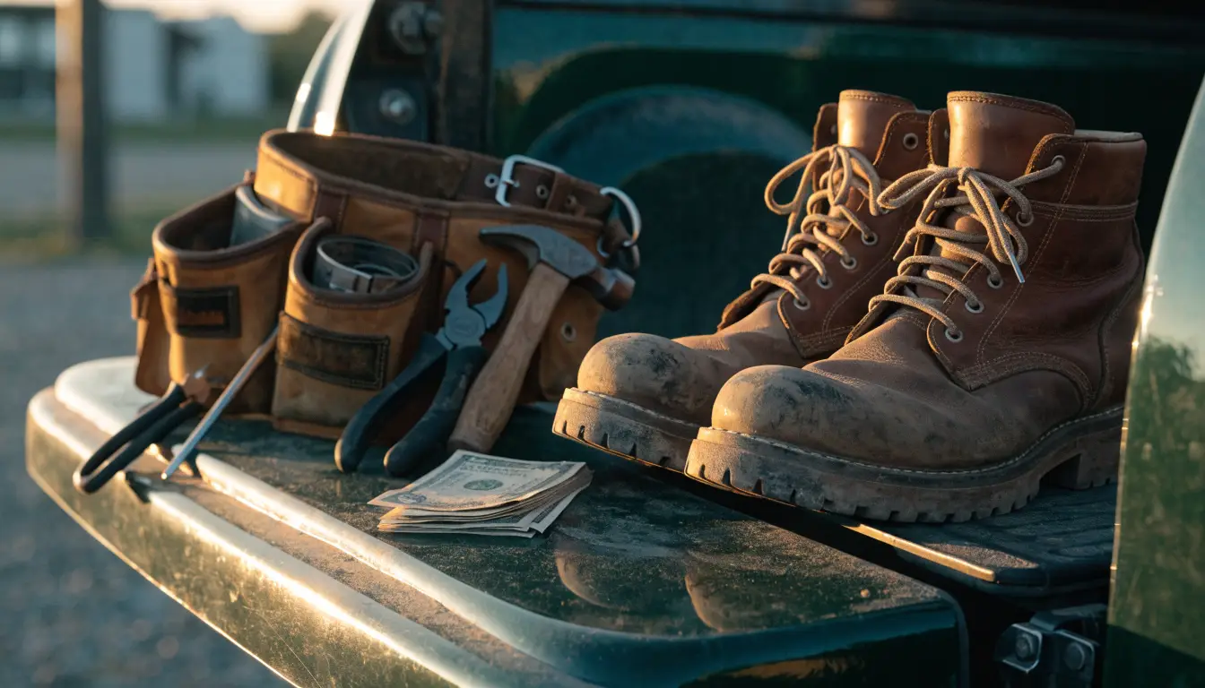 Botas de trabajo y efectivo sobre la caja de una troca — el checklist para reclamar sueldo en efectivo