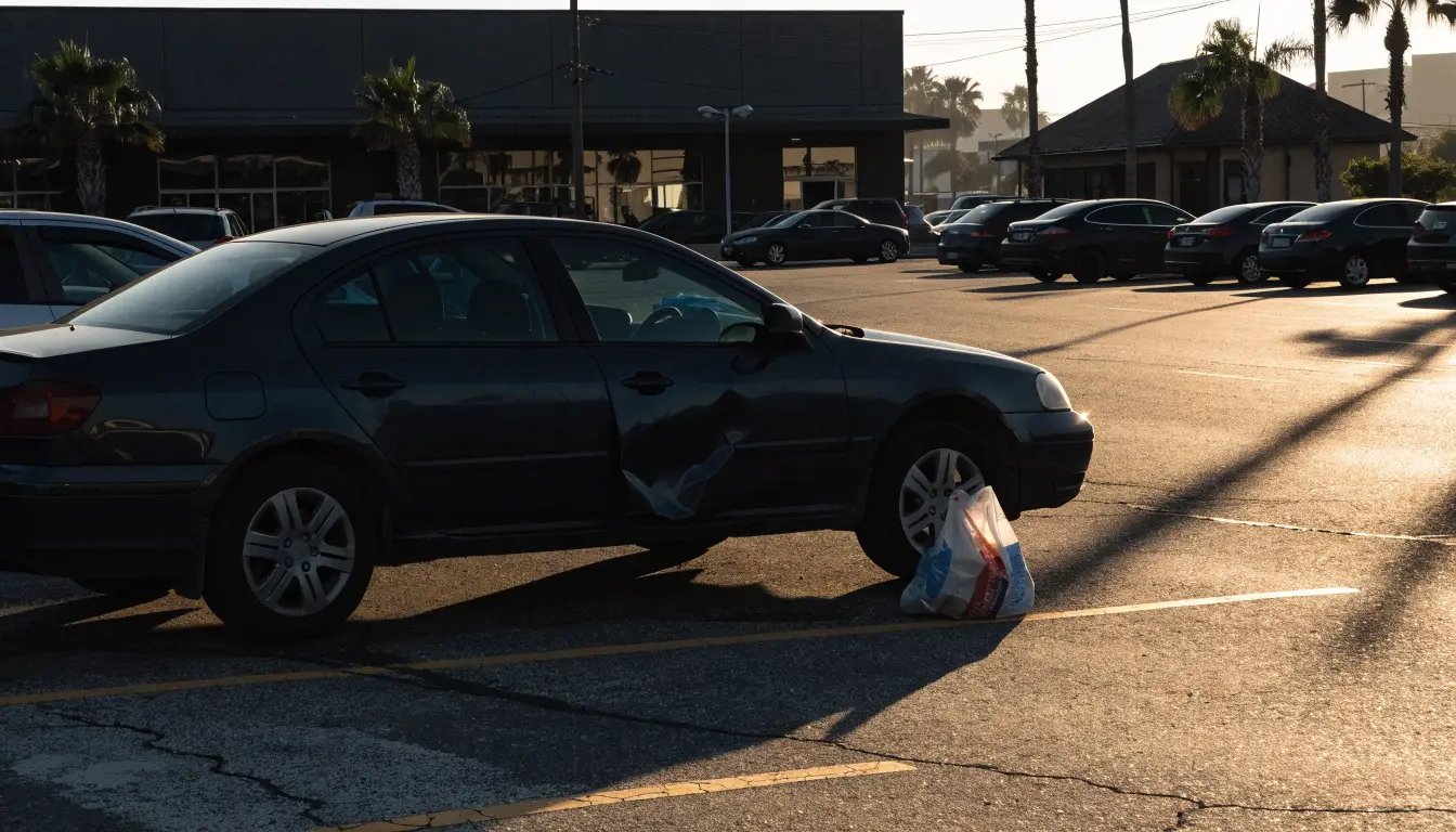 Un carro con el costado rayado en un estacionamiento comercial — los choques de lote en Lynwood