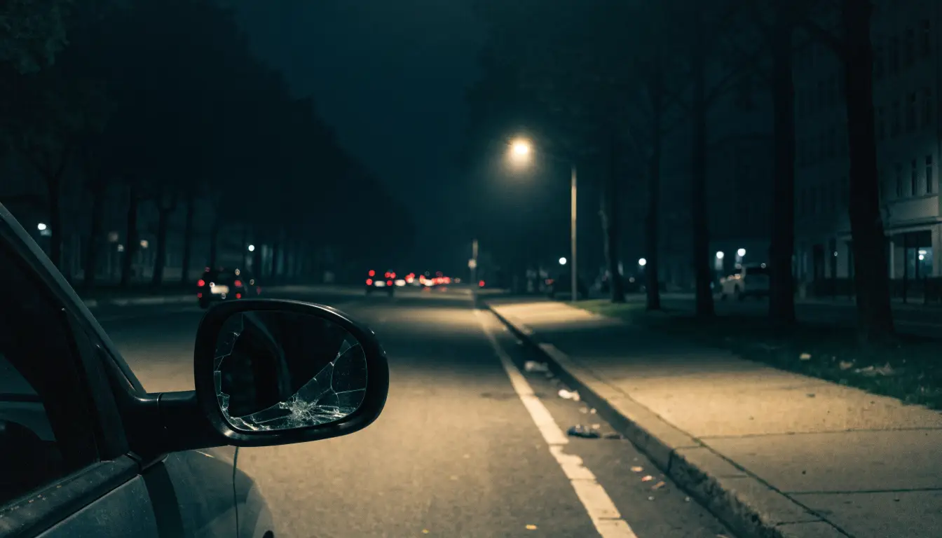 Un espejo roto colgando de un carro y luces alejándose en la noche — el plan tras un choque y fuga en Lynwood