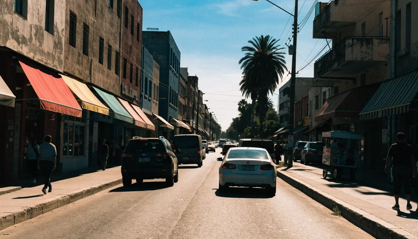 El tráfico del mediodía en Long Beach Boulevard entre comercios — la anatomía de los choques de la espina de Lynwood