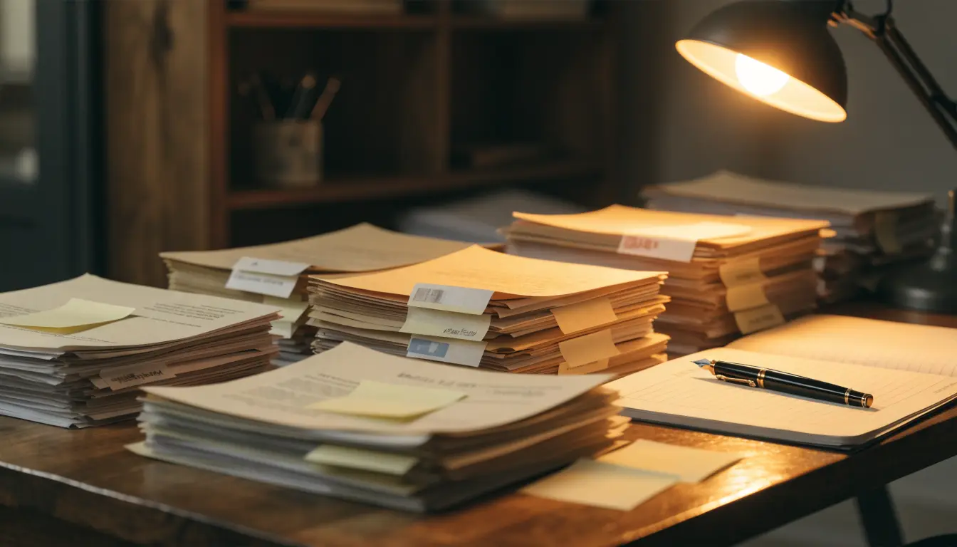 Un escritorio de trabajo con expedientes organizados y notas — qué hace un abogado de accidentes