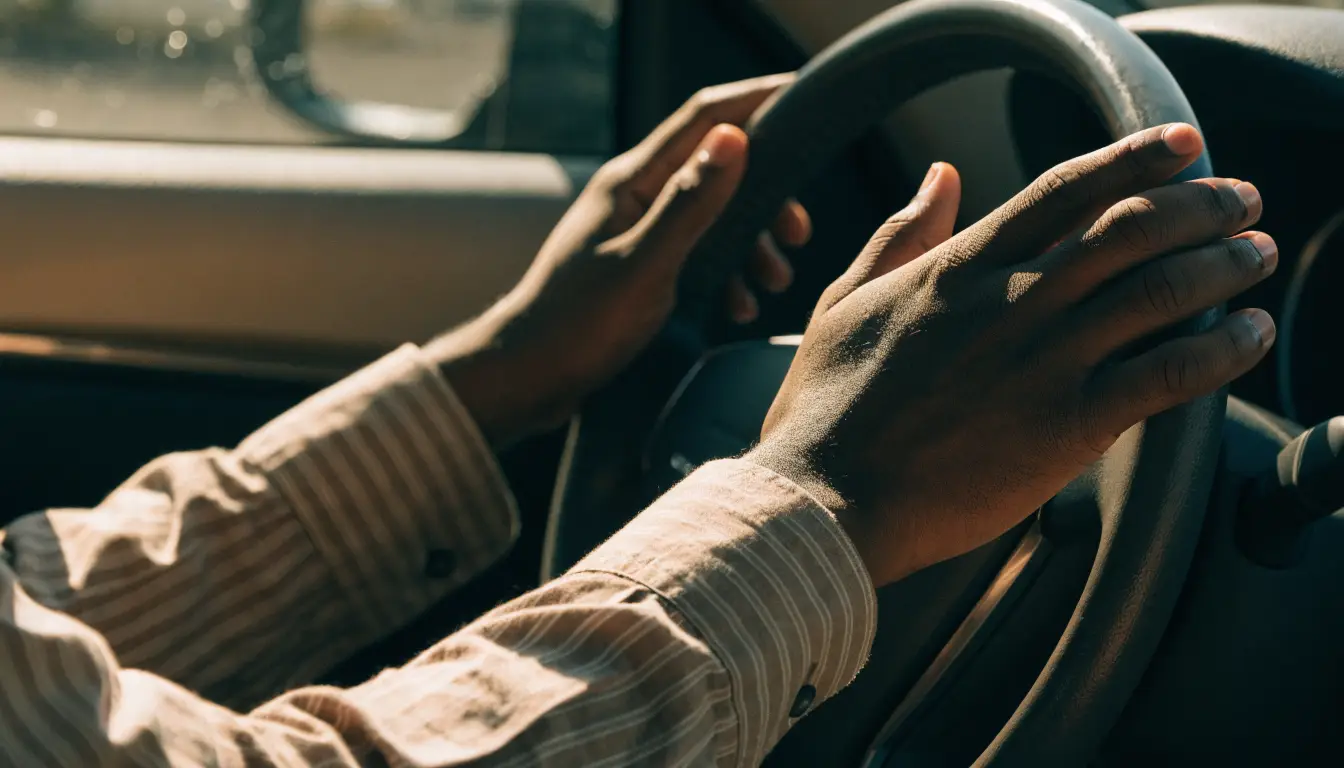 Manos tranquilas sobre un volante — sus derechos tras un choque aunque manejara sin licencia