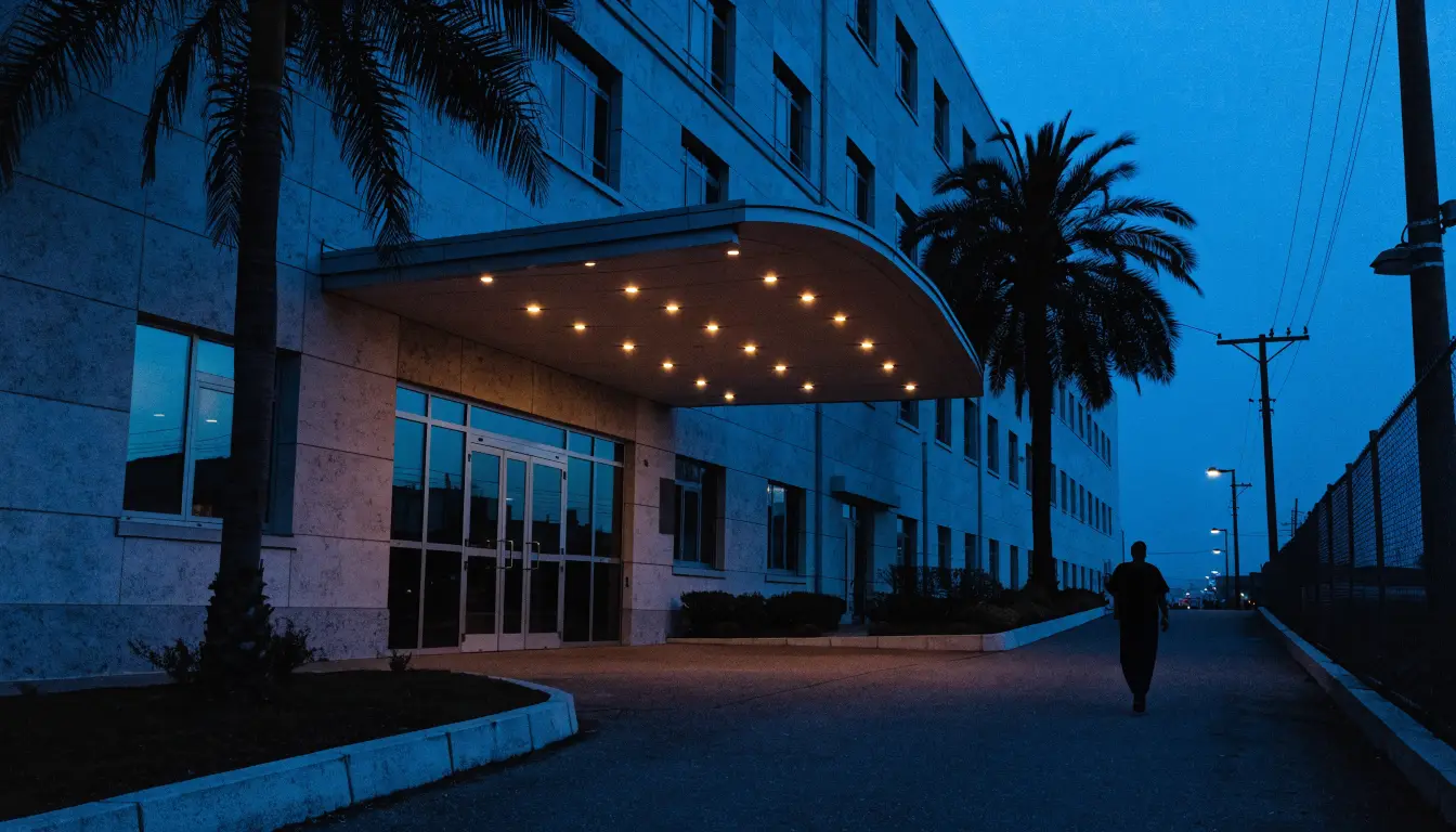 El exterior de un hospital al anochecer con luz cálida — la guía cuando llevan a un familiar a St. Francis